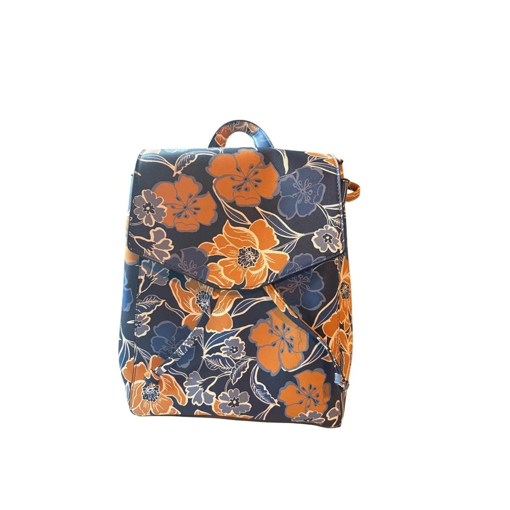 Jacklyn SmithFloral Print Faux Leather Drawstring Backpack Navy Orange Botanical